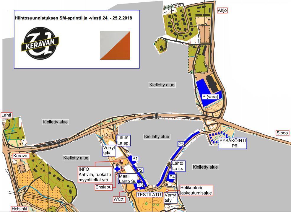 14.2.2018 3 (11) KILPAILUKESKUSALUE OPASTUS Opastus paikoitukseen Keravantieltä (tie nro 148) Kerava Sipoo väliltä. Kilpailukeskuksen osoite Keinukalliontie 42, Kerava.