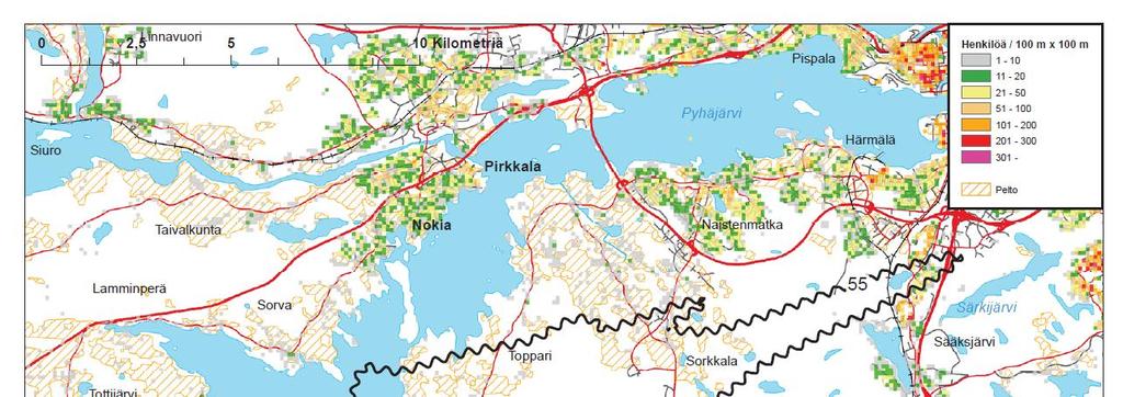 1-4 lanteessa. Yksi ja kaksi kiitotietä sisältävien vaihtoehtojen melualueet on yhdistetty yhdeksi lentokonemelun verhokäyräalueeksi (kuva 4.1.), jolla varaudutaan kummankin vaihtoehdon toteuttamismahdollisuuteen maankäytön suunnittelun jatkuessa.