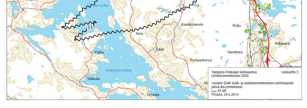 Vuodelle 2040 ennustetun verhokäyrämeluvision melualueen Lden 55 db pintaala on noin 48 neliökilometriä.