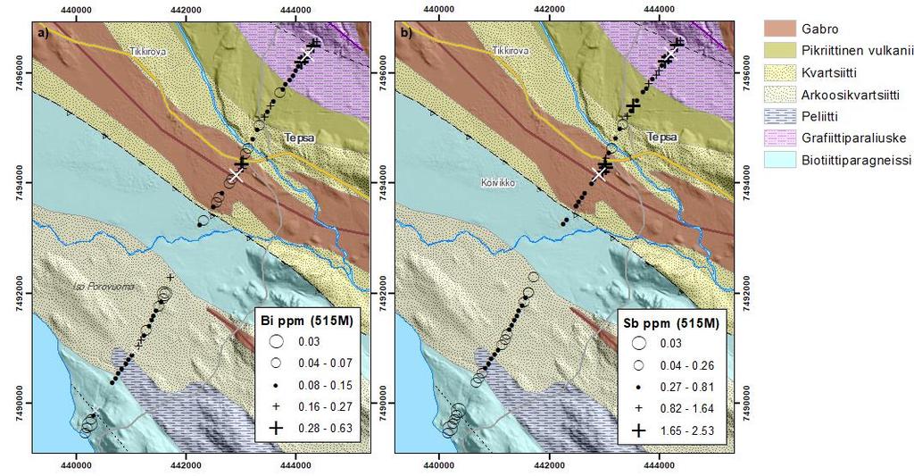 GEOLOGIAN TUTKIMUSKESKUS 7 Kuva 5. a) Au (ppb) ja b) As (ppm) -pitoisuuksien esiintyminen moreenin hienoaineksessa (0,06 mm) näytteenottolinjalla.