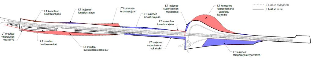 Ehdotettava uusi liikennealueen rajaus on Natura-alueella pienempi kuin tähän asti. Kuva 4: Punainen väri kuvaa Natura-alueen (vihreä) osaa, joka sijoittuu voimassa olevan asemakaavan tiealueelle LT.
