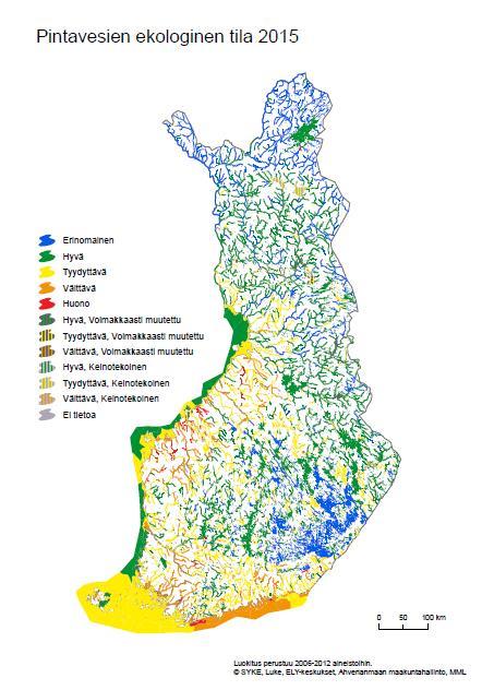 Pintavesien ekologinen tila Suuri osa maamme pintavesistä on ekologiselta tilaltaan erinomaisia tai hyviä.