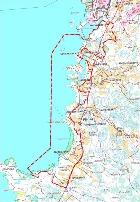 2 Kuva 2-1. Kaava-alueen rajaus on esitetty punaisella viivalla. Kaavoitusalueen maanpeite CORINE Land Cover 2012 aineiston perusteella on esitetty liitteinä 1a ja b. 3. TUTKIMUSMENETELMÄT 3.