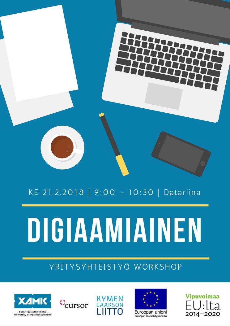 DIGIVERSTAS 2019 - tapahtumat DIGIAAMIAINEN Digiaamiainen on noin kahden tunnin mittainen tapahtuma, jossa aamukahvien lomassa keskustellaan teemaan liittyvistä aiheista tai yrityksiä kiinnostavista