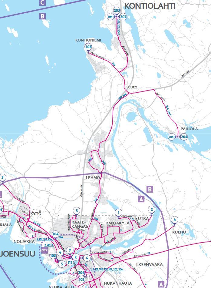 PALVELUTASOESITYS JOENSUU LEHMO: KILPAILUTASO Lisätarjontaa ruuhka-aikana 2 vuoroa tunnissa Lisätarjonta Lehmossa linjan 202 reittiä Mikä olisi mahdollinen kääntöpaikka: Kruunutiellä/Kylmäojalla?