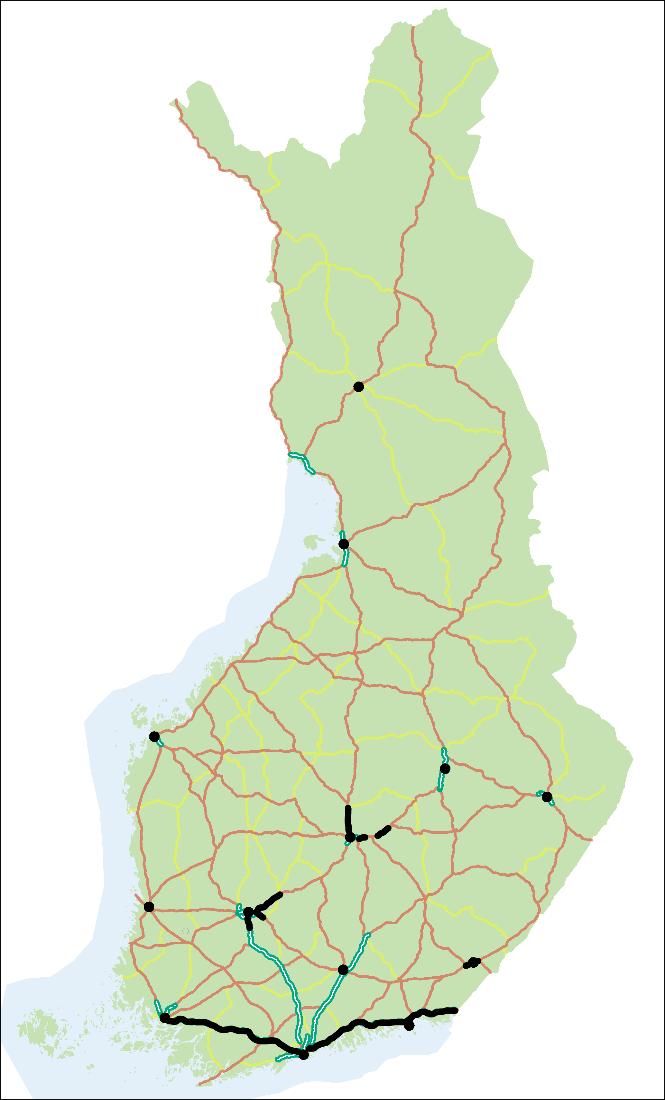 4 Kuva 1. Vaihtuvilla nopeusrajoituksilla varustetut tieosuudet Suomessa (ELY 2018; Korpela 2018), pohjakartta Wikipedia (2018a). Yksittäisiä lyhyitä osuuksia puuttuu.