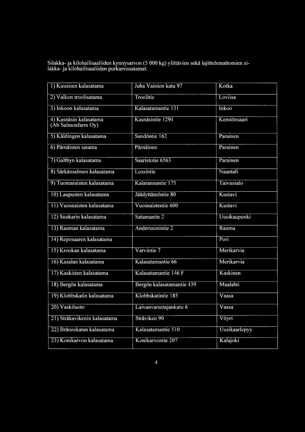 Pämäisten satama Pämäinen Parainen 7) Galtbyn kalasatama Saaristotie 6563 Parainen 8) Särkänsalmen kalasatama Lossintie Naantali 9) Tuomaraisten kalasatama Kalarannantie 175 Taivassalo 10) Laupusten