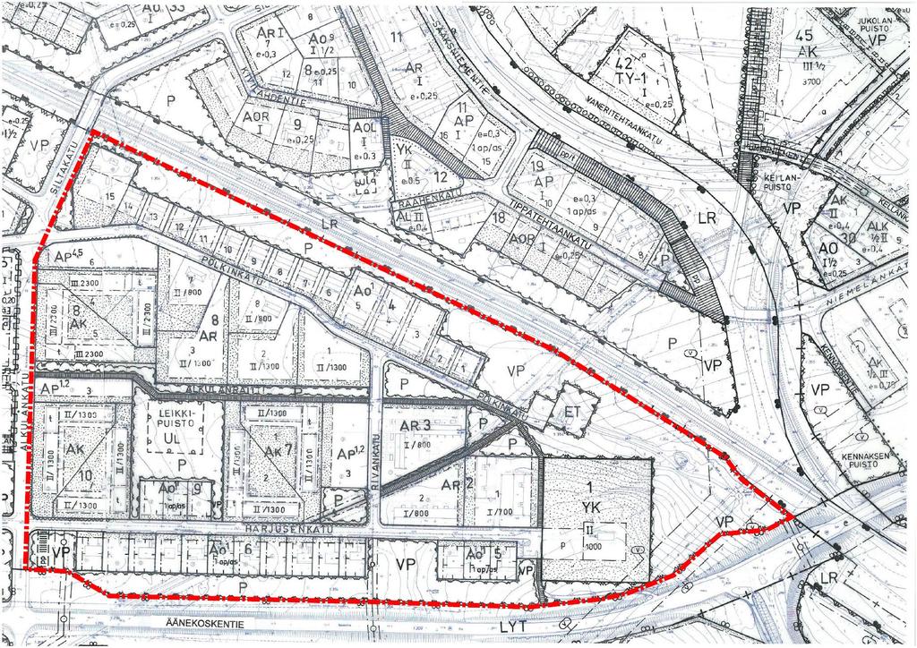 4 Kuva 3. Ote voimassa olevasta asemakaavasta. Suunnittelualue on rajattu punaisella 3.5.