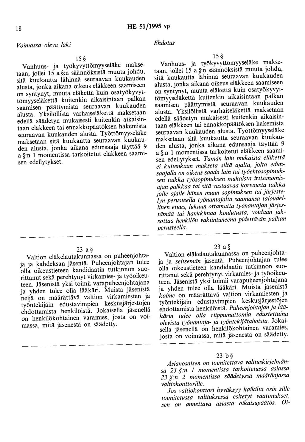 18 HE 51/1995 vp Voimassa oleva laki 15 Vanhuus- ja työkyvyttömyyseläke maksetaan, jollei 15 a :n säännöksistä muuta johdu, sitä kuukautta lähinnä seuraavan kuukauden alusta, jonka aikana oikeus
