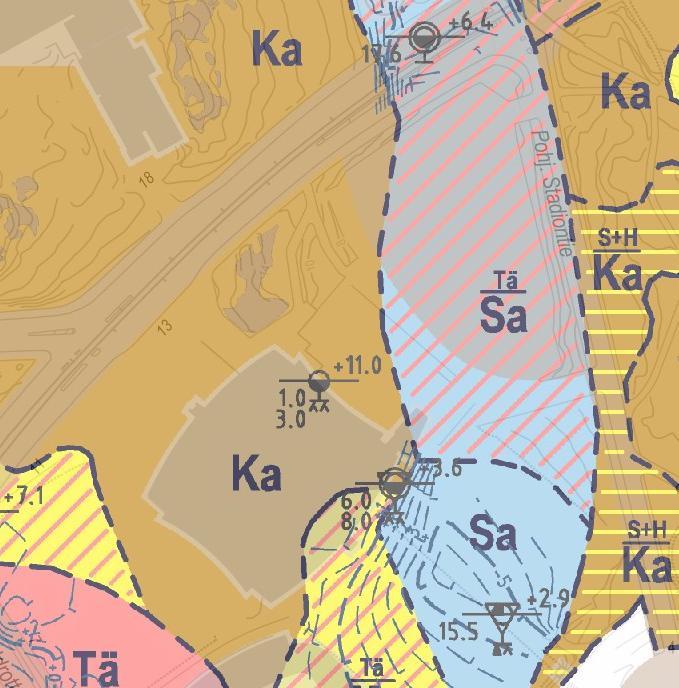 () Kuva.. Maaperä kohteen ympäristössä Helsingin kaupungin karttapalvelun mukaan. Kuvassa näkyvä tie on Nordenskiöldinkatu ja Ka-merkinnän alla on nykyisen jäähallin sijainti.