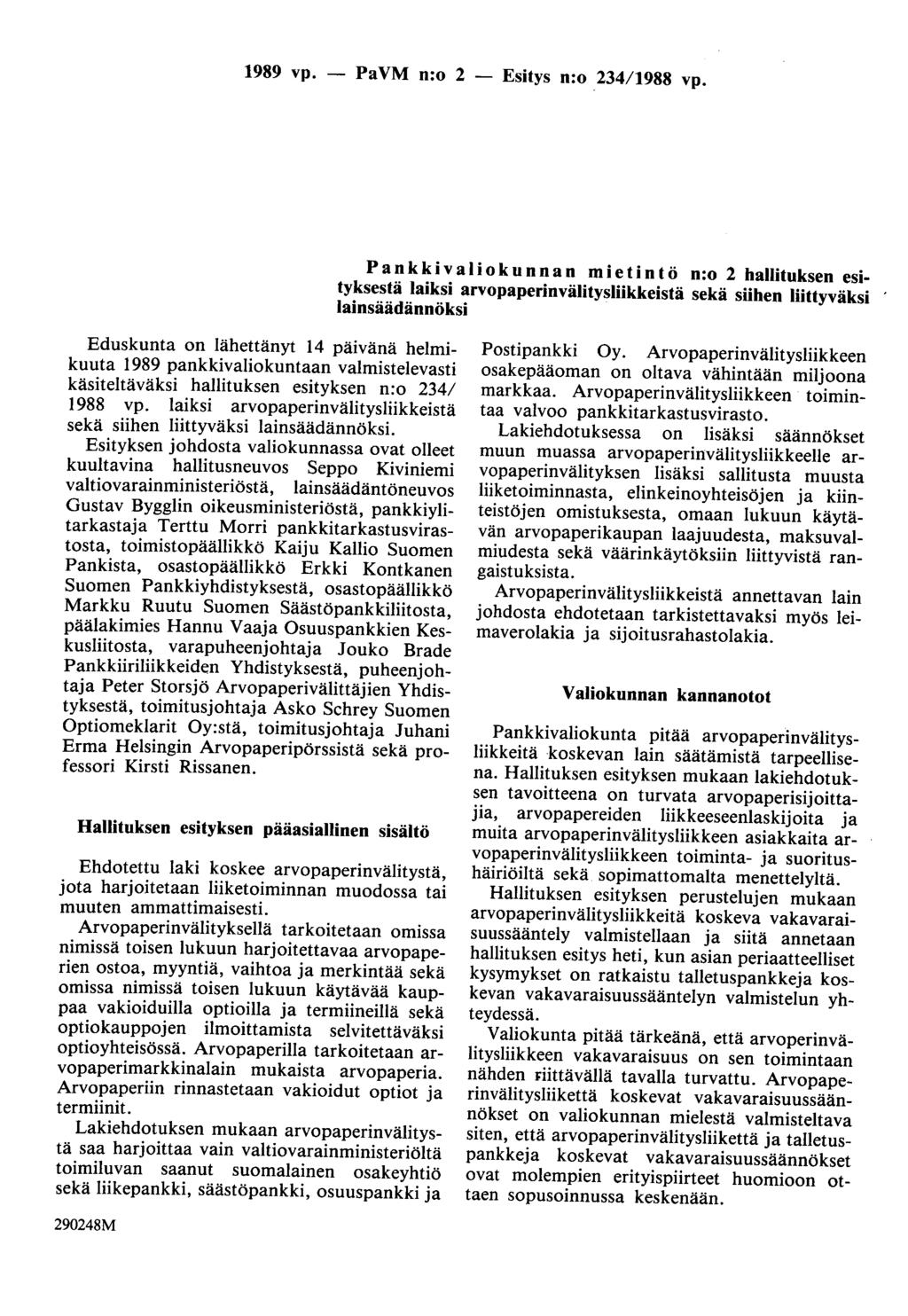 1989 vp. - PaVM n:o 2 - Esitys n:o 234/1988 vp.