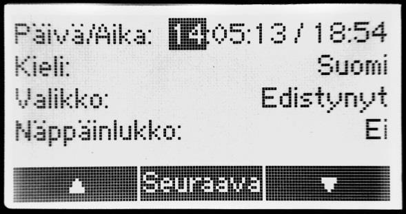 Asetus- ja ylläpitovalikko Asetus- ja ylläpitovalikosta löytyvät toiminnot, joita ei tarvita normaalikäytössä. Päivä/Aika: Järjestelmän päiväyksen ja kellonajan asetus. Muoto on VV:KK:PP / HH:MM.