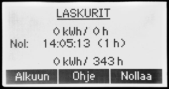 Laskurit Tässä näkymässä nähdään tunti- ja energialaskurit. Ylimpänä ovat nollattavat työlaskurit ja niiden alla on päivämäärä, jolloin laskurit nollattiin.