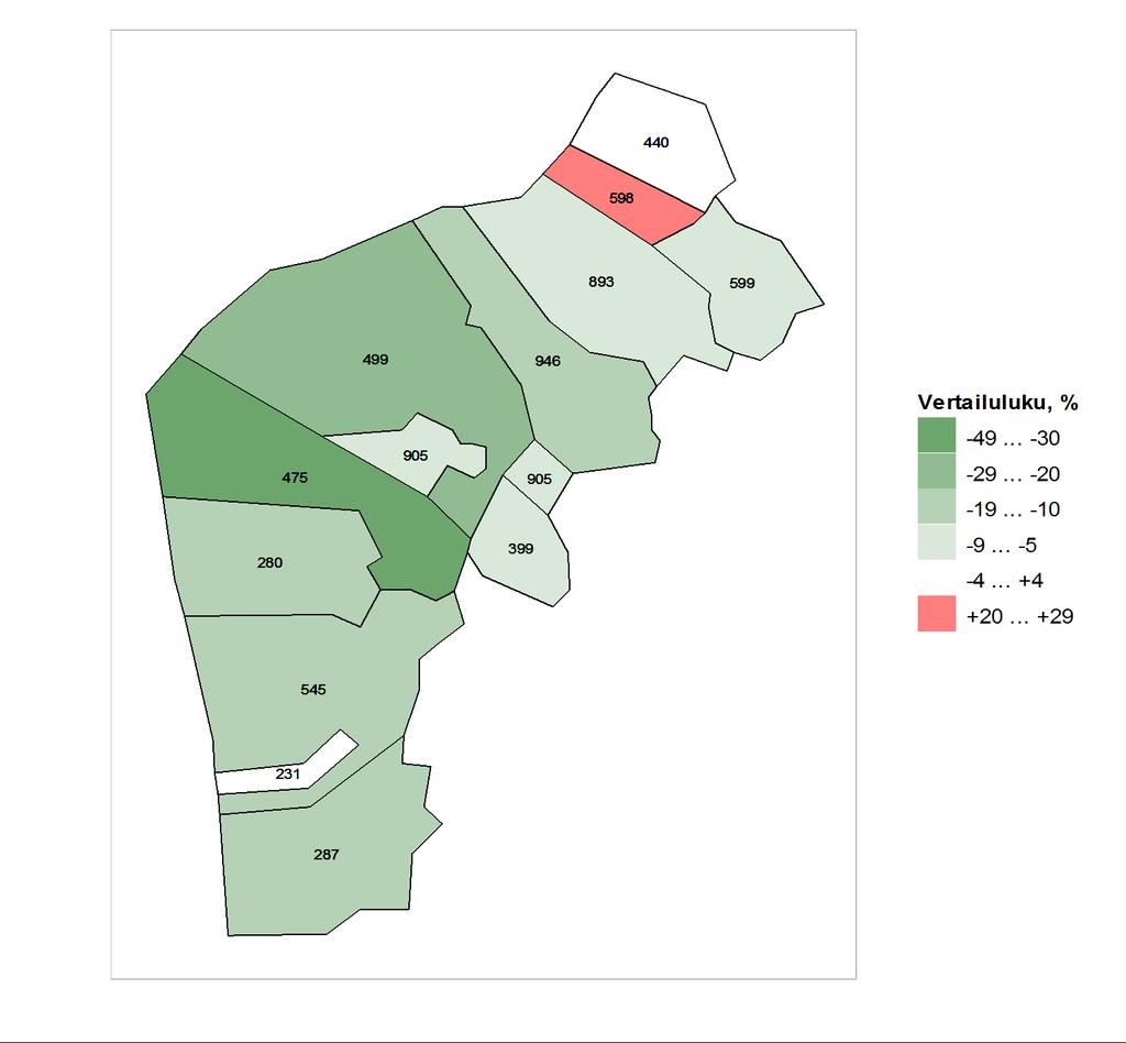 Kartta 1. Vertailutieto koko maan tilanteeseen nähden vammojen ja myrkytysten aiheuttamien hoitojaksojen osalta alueen kunnissa vuosina 2009-2013.