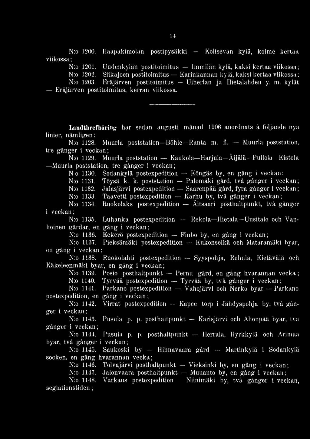 Landtbrefbäring har sedan augusti månad 1906 anordnats å följande nya linier, nämligen: N:o 1128. Muurla poststation Böhle Ranta m. fl. Muurla poststation, tre gånger N:o 1129.