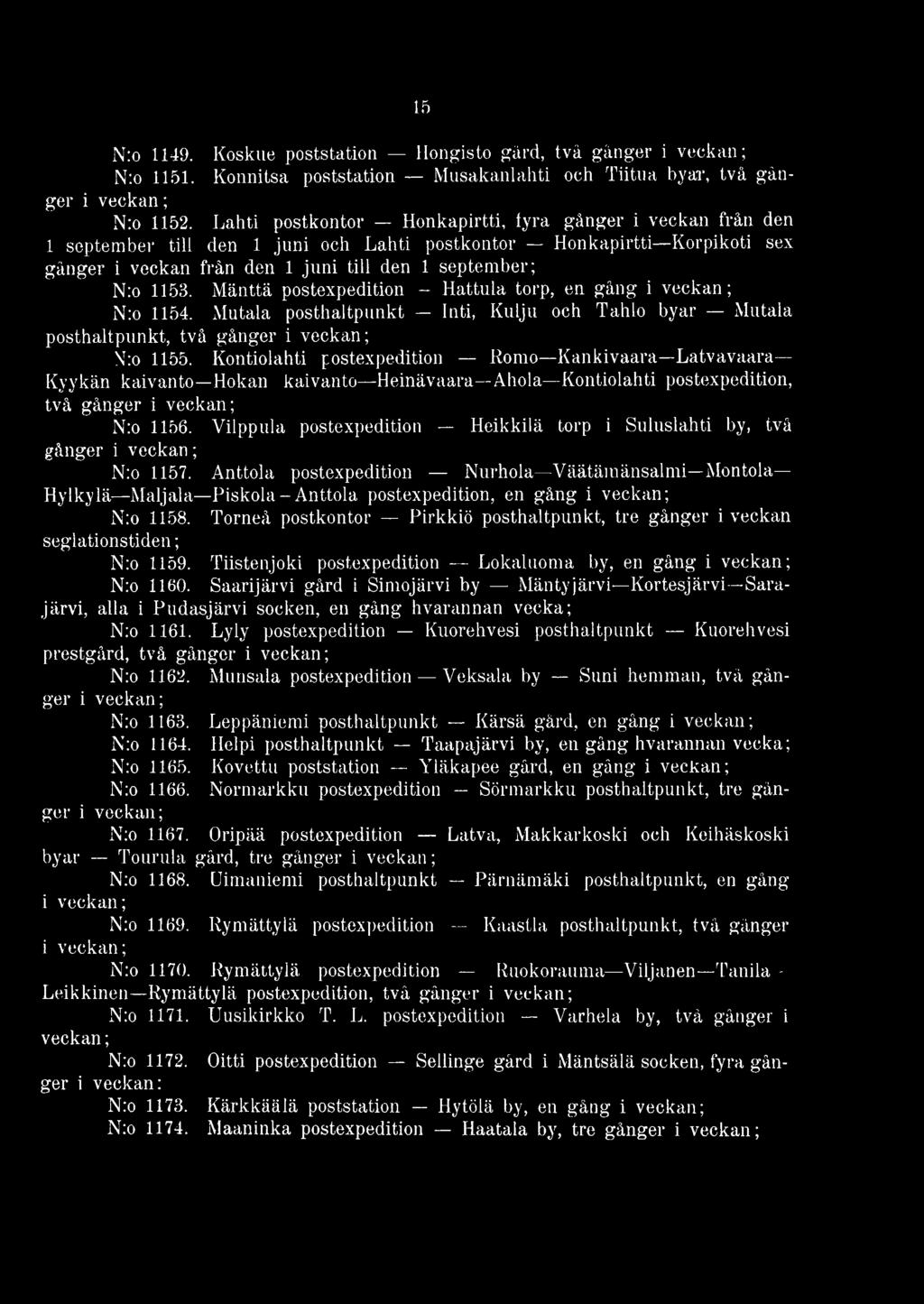 Mänttä postexpedition - Hattula torp, en gång N:o 1154. Mutala posthaltpunkt Inti, Kulju och Tahlo byar Mutala posthaltpunkt, två gånger N:o 1155.