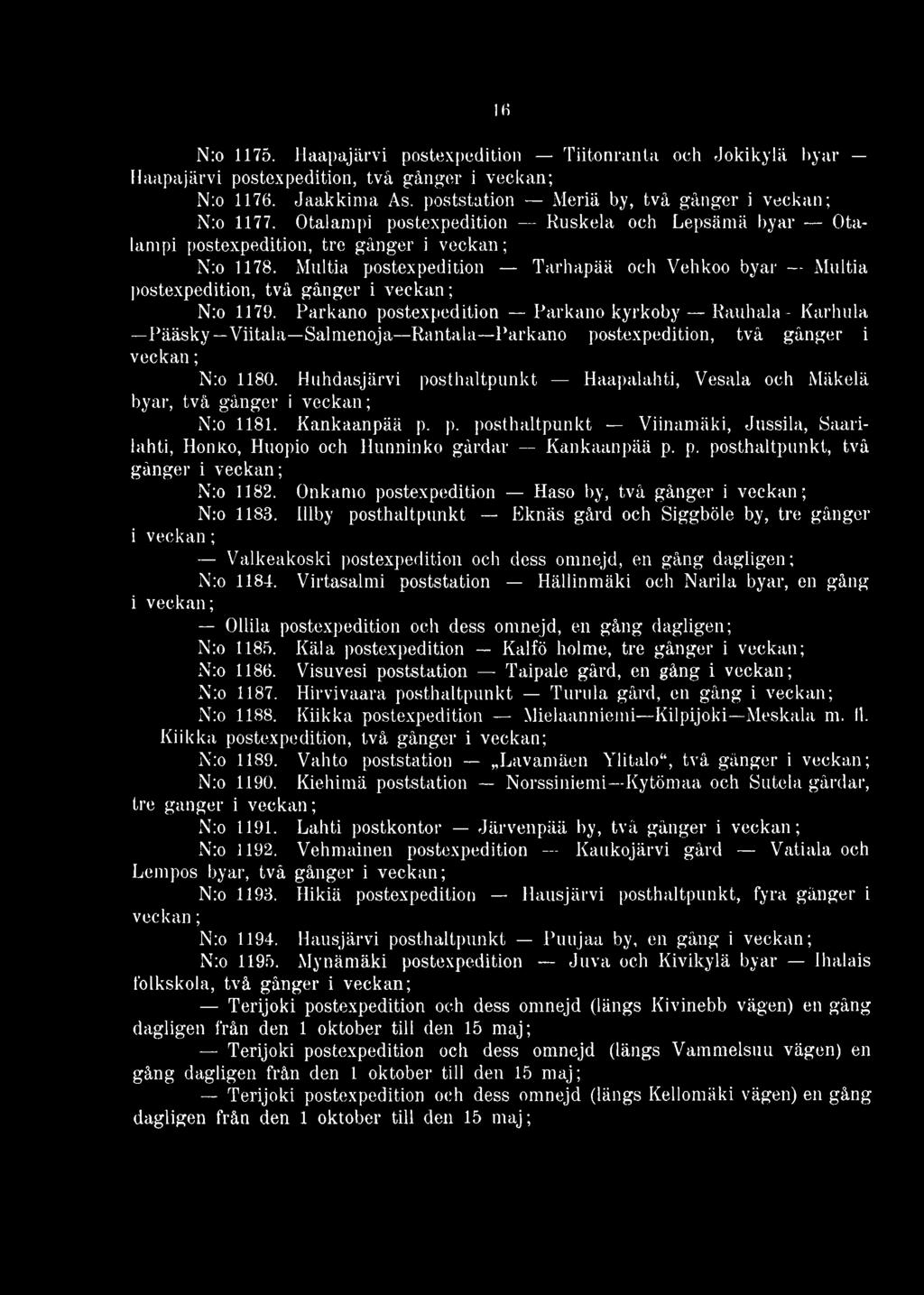 Parkano postexpedition Parkano kyrkoby Rauhala - Karhula Pääsky Viitala Salmenoja Rantala Parkano postexpedition, två gånger i veckan; N:o 1180.