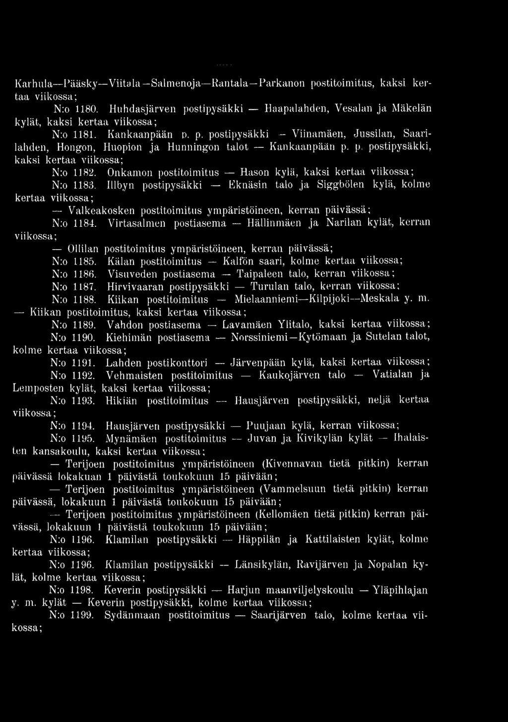 Illbyn postipysäkki Eknäsin talo ja Siggbölen kylä, kolme kertaa Valkeakosken postitoimitus ympäristöineen, kerran päivässä; N:o 1184.