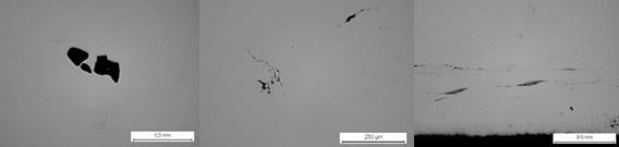 Figure 23. Small discontinuities, not detectable by NDT. On left clustered porosity, in the middle cluster of oxidized particles and on right traces of tungsten near surface.