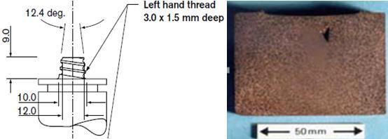 Figure 26. On the left, the Whorl type probe used for welding 10 mm thick copper in 1997. [Andrews. 2004] On the right, the triangular shaped flaw. [Andersson, C-G.