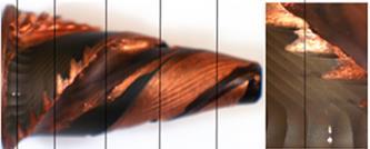 They show that near the tip of the probe the material wasn t only flowing towards the tip, but was partly pushed out of the flutes in thin layers.