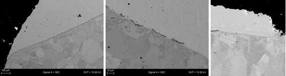 The observation of samples from different parts of the new probe showed that the thickness of CrN coating layer stays within 2 μm in all surfaces and corners and that the areas with more complex
