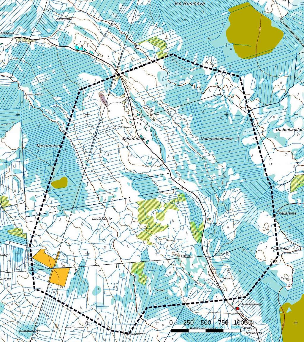 3 Kartta 2. Suunnittelualue. Raja sinisellä katkoviivalla; mj-rekisteriin merkitty kohde punaisena pisteenä. Maanmittauslaitoksen peruskarttarasteri 1: