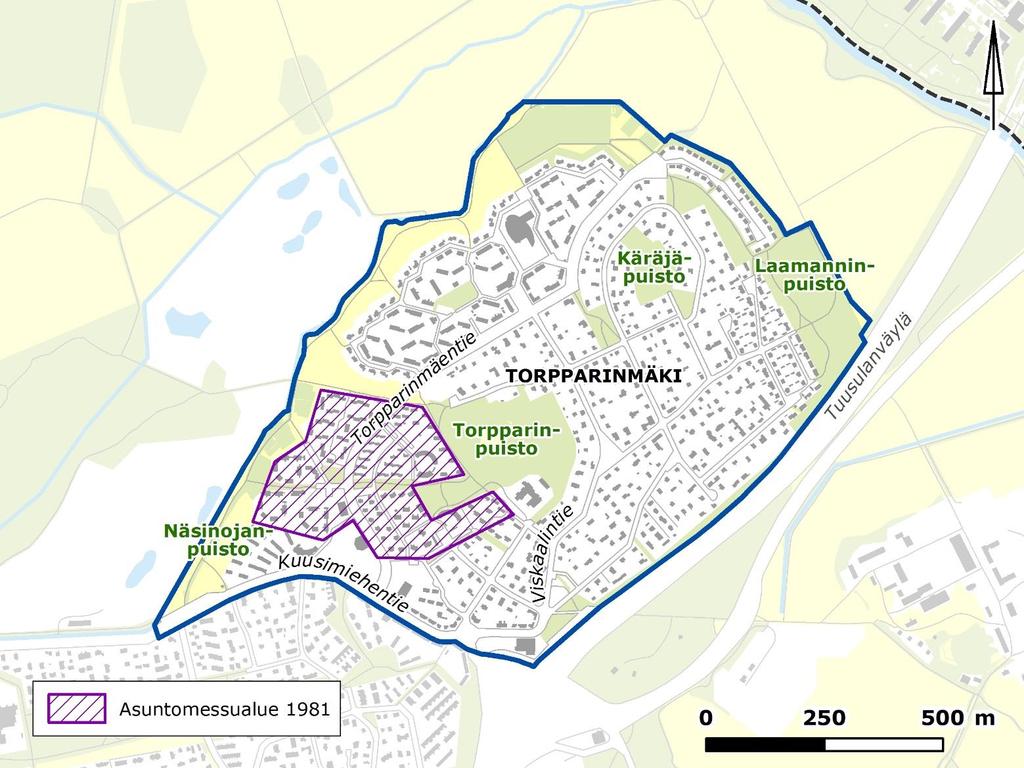 Pakilan ja Tuomarinkylän aluesuunnitelma 2018 2027 ALUEKORTTI 2. TORPPARINMÄKI Alueen kokonaiskuva Torpparinmäki on 1950-luvulta lähtien rakennettu Tuomarinkylän kaupunginosan osa-alue.