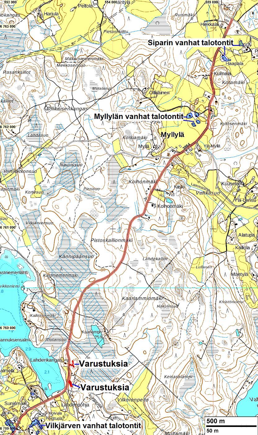 3 Yleiskartat Vanhat (ennen 1800-luvun puoltaväliä) talotontit sinisellä. Tutkittu tie on korostettu vaalean punaisella.