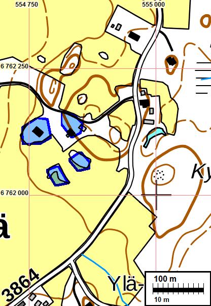 Oikealla on ote nykyisestä maastokartasta jossa vanha tie punaisella ja tonttimaat sinisellä. Myllylä. Vasemmalla ote v. 1854 isojakokartasta.