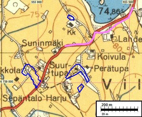 Niihin tinttimaat on merkitty sinisellä ja va1839 tielinja vaalean punaisella.