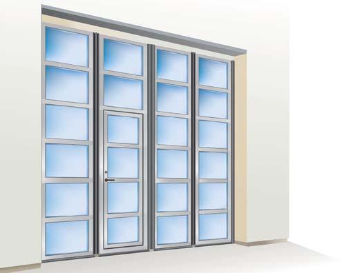 1.2.7 Käyntiovi Kulkemisen helpottamiseksi -taittoovi voidaan varustaa käyntiovella. Käyntiovi voidaan joko rakentaa ovilehteen tai kiinteään osaan. 1.2.7.1 Käyntiovi ovilehdessä Käyntiovessa on kahva, jolla on helppo avata ja sulkea ovi.