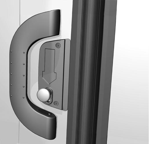 1.3 Käsikäyttöinen ovi -taitto-ovi voidaan avata ja sulkea käsin kiinteällä helppokäyttöisellä kahvalla ja lukkosalvalla. 1.3.1 Kahva Käsikäyttöä varten -taitto-ovi on varustettu kiinteällä helppokäyttöisellä kahvalla ja lukkosalvalla automaattisen lukon yhteyteen.