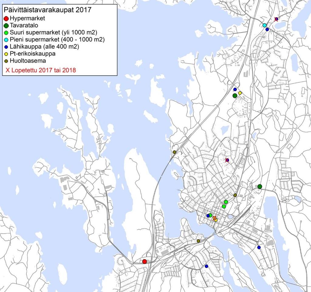 2.6. Päivittäistavarakaupan verkko Heinolassa Päivittäistavarakaupan verkon analysointi pohjautuu A.C. Nielsenin päivittäistavarakaupan myymälärekisteriin 2017.