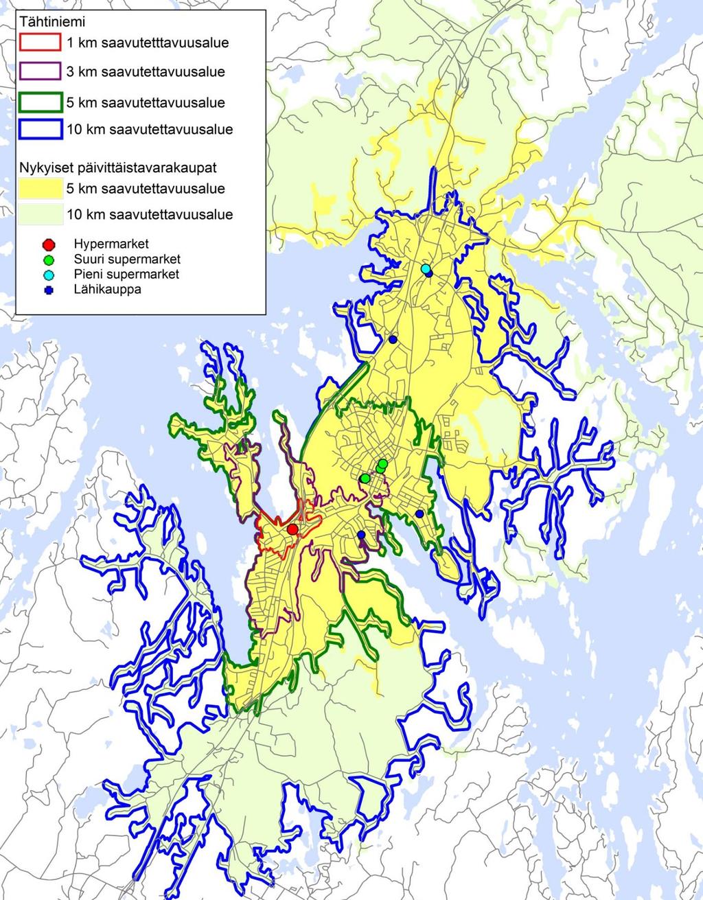 Päivittäistavarakauppojen saavutettavuusalueet autolla, 5 ja 10 km ja Tähtiniemen saavutettavuusalueet kävellen 1 ja 3 km sekä (pl Vierumäki ja lähikaupat