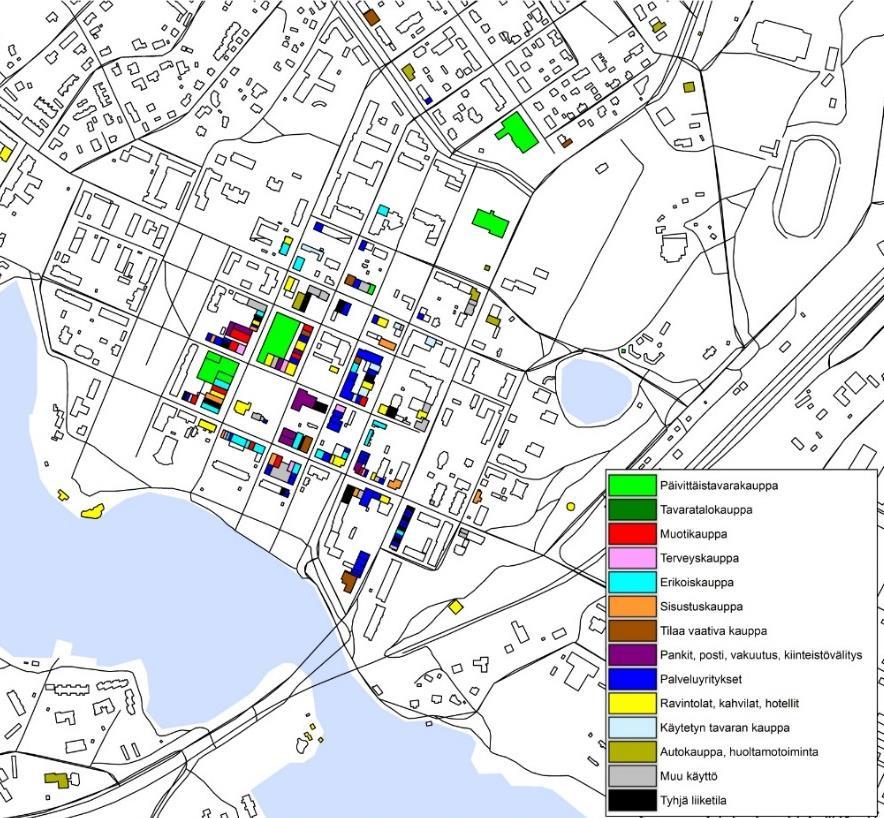 on keskustan hajanainen rakenne, jolloin nämä vetovoimaa omaavat yritykset hajaantuvat keskustan korttelirakenteessa eri puolille keskustaa.