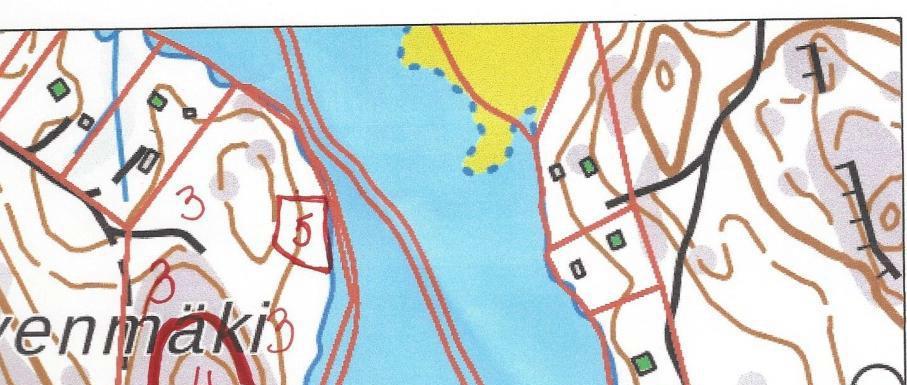 Kartta 1: Haukkakorvenmäen luontotyypit Numero 1 ja 3 ovat mustikkatyypin tuoretta kangasta, numero 2 ja 4 ovat kalliometsää ja numero 5 on lehtomaista kangasta.