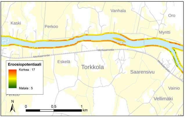 Pinta-ala, % Taulukko 7. Eroosiopotentiaaliarvojen osuus kartoitusalueen pinta-alasta.