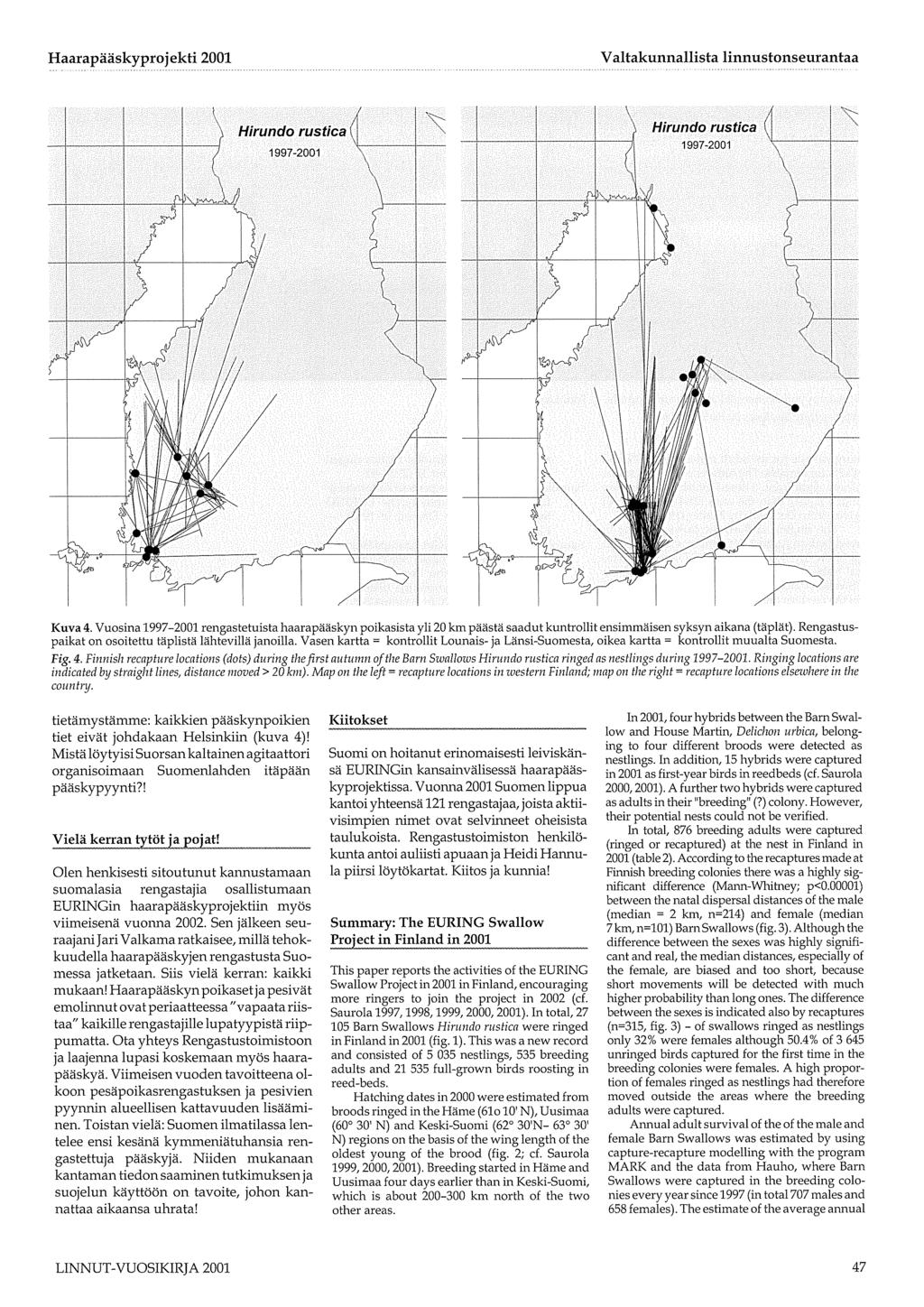 Haarapääskyprojekti 2 \ { ( 997-2 \ \ 997-2 Kuva 4. Vuosina 997-2 rengastetuista haarapääskyn poikasista yli 2 km päästä saadut kuntrollit ensimmäisen syksyn aikana (täplät).