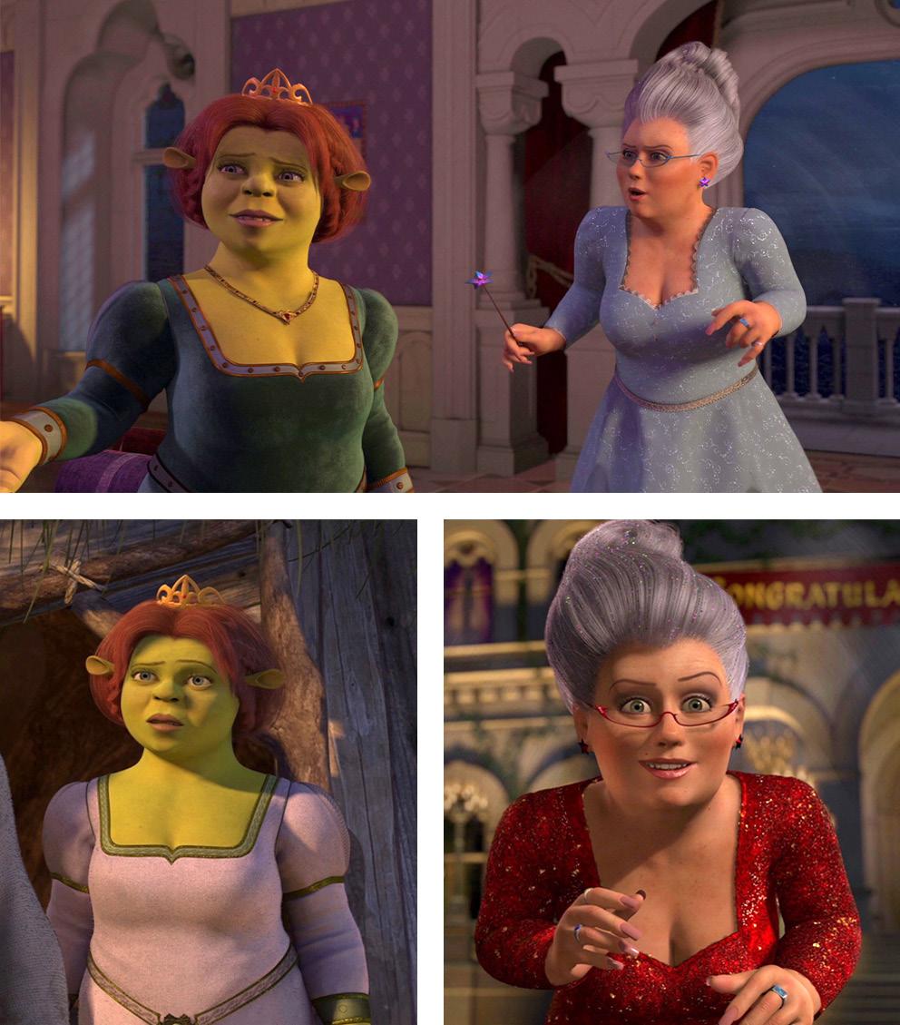 85 LÄHIKUVA 4/2018 Teknologian kehityksestä huolimatta Shrek- ja Shrek 2 -elokuvien tuotantojen välillä Shrek 2:ssa oli silti vastaavanlainen rajoitus pukujen suunnittelussa.