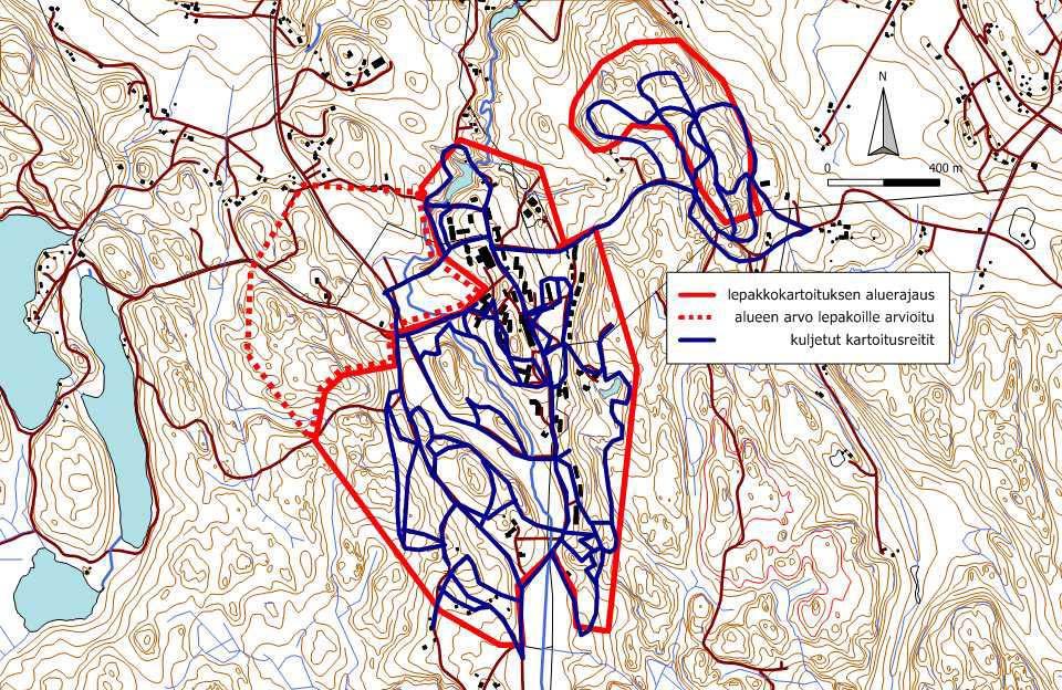 Kartta3-2. Kuljetut kartoitusreitit selvitysalueella. Lepakoita havainnoitiin öisin ultraäänidetektorin avulla, kävellen aluetta halkovia, ennalta suunniteltuja reittejä pitkin.