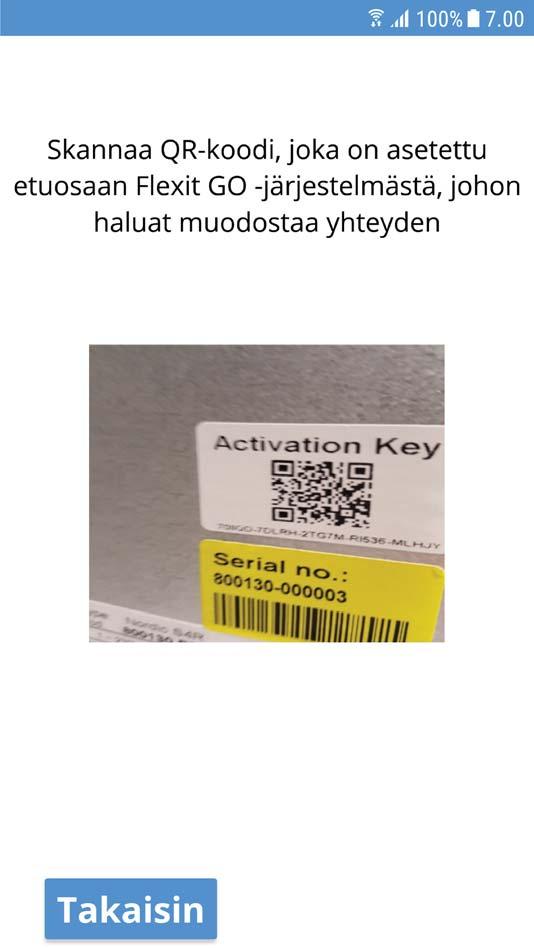 5 Paina Skannaa QR-koodi. 6 Skannaa aktivointiavain kuvaamalla QR-koodi kameranäytössä kuvassa esitetyllä tavalla.
