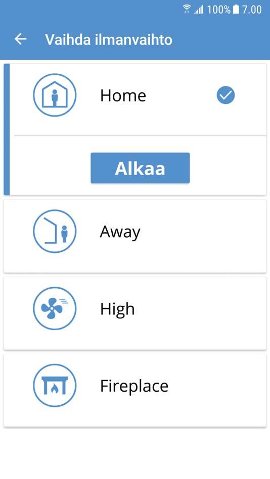 4.6. Kotinäyttö EcoNordic W4 4.7. Ilmanvaihtotilan vaihtaminen Tässä näytössä voit vaihtaa ilmanvaihtotilan. Voit vaihtaa ilmanvaihtotilaa painamalla haluamaasi tilaa ja painamalla sitten Käynnistä.