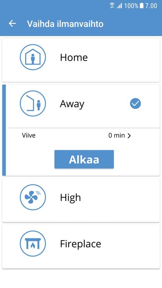 4.7.2. Away (Poissa) 4.7.3. High (Korkea) Käytä tätä, kun rakennusta ei käytetä pidempään aikaan. Tässä tilassa voit valita viivästetyn käynnistyksen.
