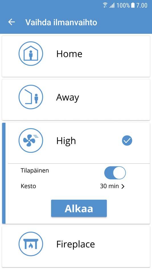 Käytä tätä, kun tarvitset tilapäisesti korkeampaa ilmanvaihtotehoa.