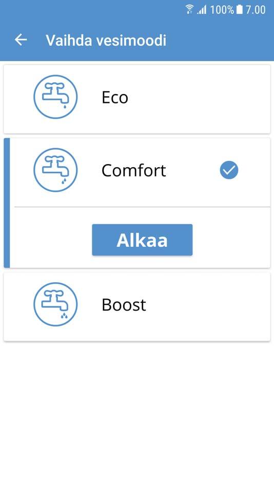 Täyttäminen laukaistaan, kun säiliössä on jäljellä noin 15 % lämmintä vettä. Taloudellinen tapa tuottaa lämmintä vettä.