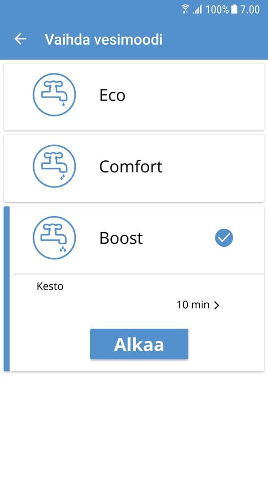 4.9.3. Boost (Tehostus) Tilapäinen tila, jonka keston voi säätää ja jota voi käyttää, kun lämpimän veden kulutus on erittäin suuri.