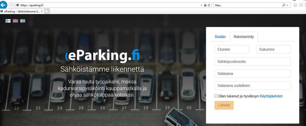 DCC LIITE 1 Näin rekisteröidyt Lähisähkö latauspisteen käyttäjäksi 1. Palveluun rekisteröidytään nettiselaimella osoitteessa www.eparking.fi.