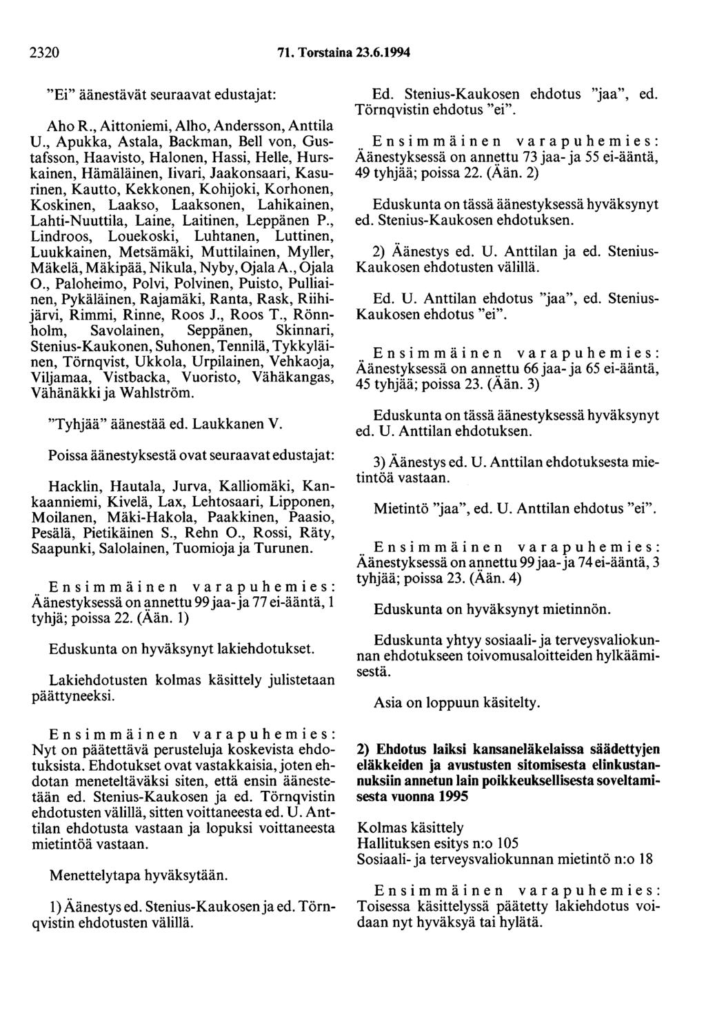 2320 71. Torstaina 23.6.1994 "Ei" äänestävät seuraavat edustajat: Aho R., Aittoniemi, Alho, Andersson, Anttila U.