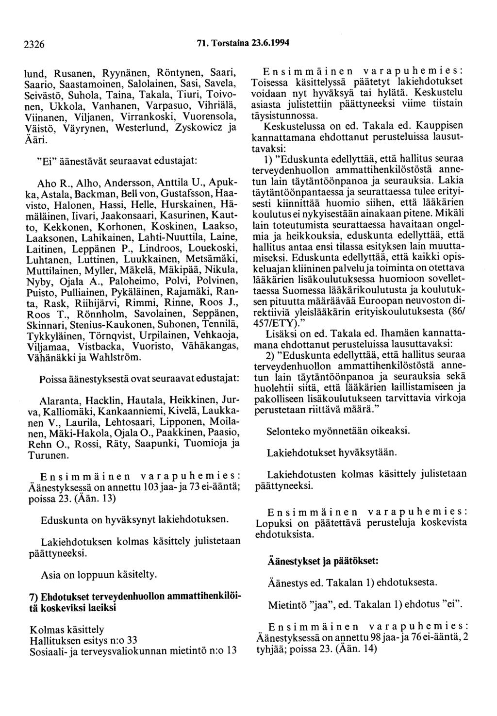 2326 71. Torstaina 23.6.1994 lund, Rusanen, Ryynänen, Röntynen, Saari, Saario, Saastamoinen, Salolainen, Sasi, Savela, Seivästö, Suhola, Taina, Takala, Tiuri, Toivonen, Ukkola, Vanhanen, Varpasuo,